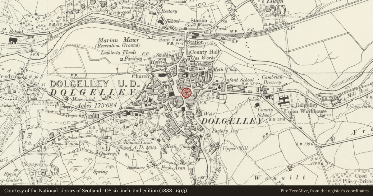 Ordnance Survey six-inch map, 2nd edition (1888–1913) covering the location of The Bakery, Dolgellau, Gwynedd, with a pin at the register's coordinates