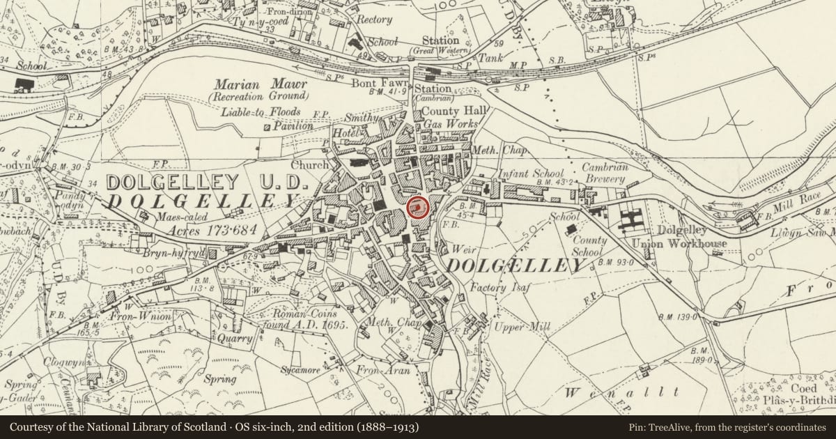 Ordnance Survey six-inch map, 2nd edition (1888–1913) covering the location of Thresher's Wine Merchants, Dolgellau, Gwynedd, with a pin at the register's coordinates