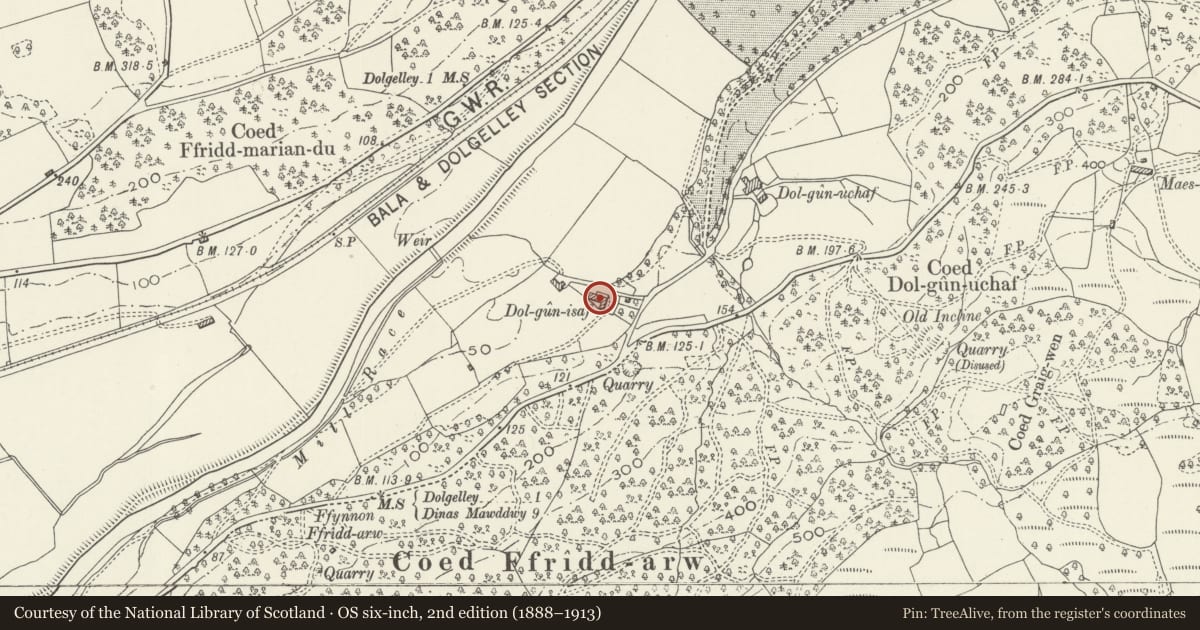 Ordnance Survey six-inch map, 2nd edition (1888–1913) covering the location of Dolgun Isaf Farmhouse, Dolgellau, Gwynedd, with a pin at the register's coordinates
