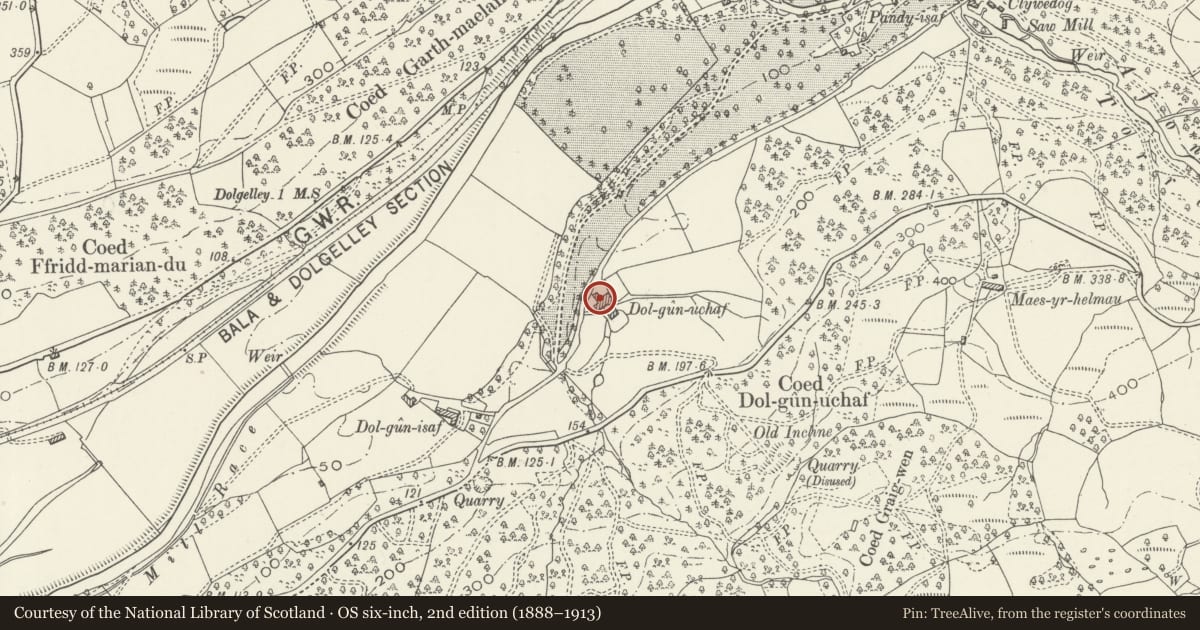 Ordnance Survey six-inch map, 2nd edition (1888–1913) covering the location of Barn at Dolgun Uchaf, Dolgellau, Gwynedd, with a pin at the register's coordinates