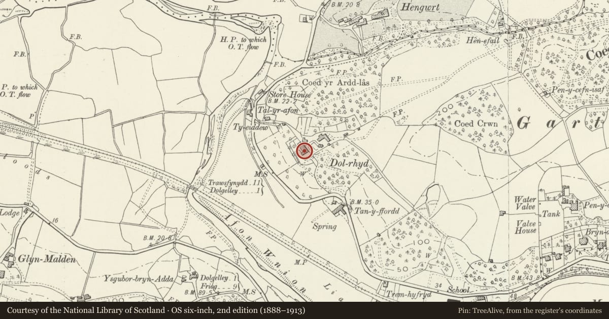 Ordnance Survey six-inch map, 2nd edition (1888–1913) covering the location of Dolrhyd House, Dolgellau, Gwynedd, with a pin at the register's coordinates