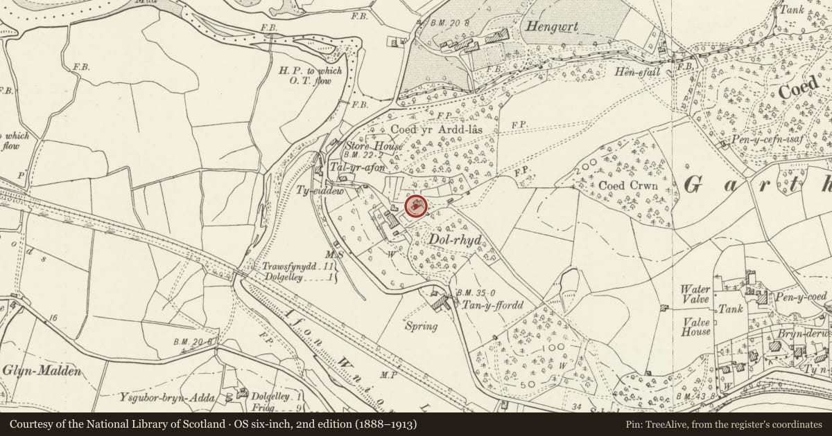 Ordnance Survey six-inch map, 2nd edition (1888–1913) covering the location of Stables at Dolrhyd, Dolgellau, Gwynedd, with a pin at the register's coordinates