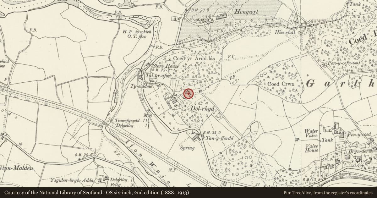 Ordnance Survey six-inch map, 2nd edition (1888–1913) covering the location of Barn Ranges at Dolrhyd, Dolgellau, Gwynedd, with a pin at the register's coordinates