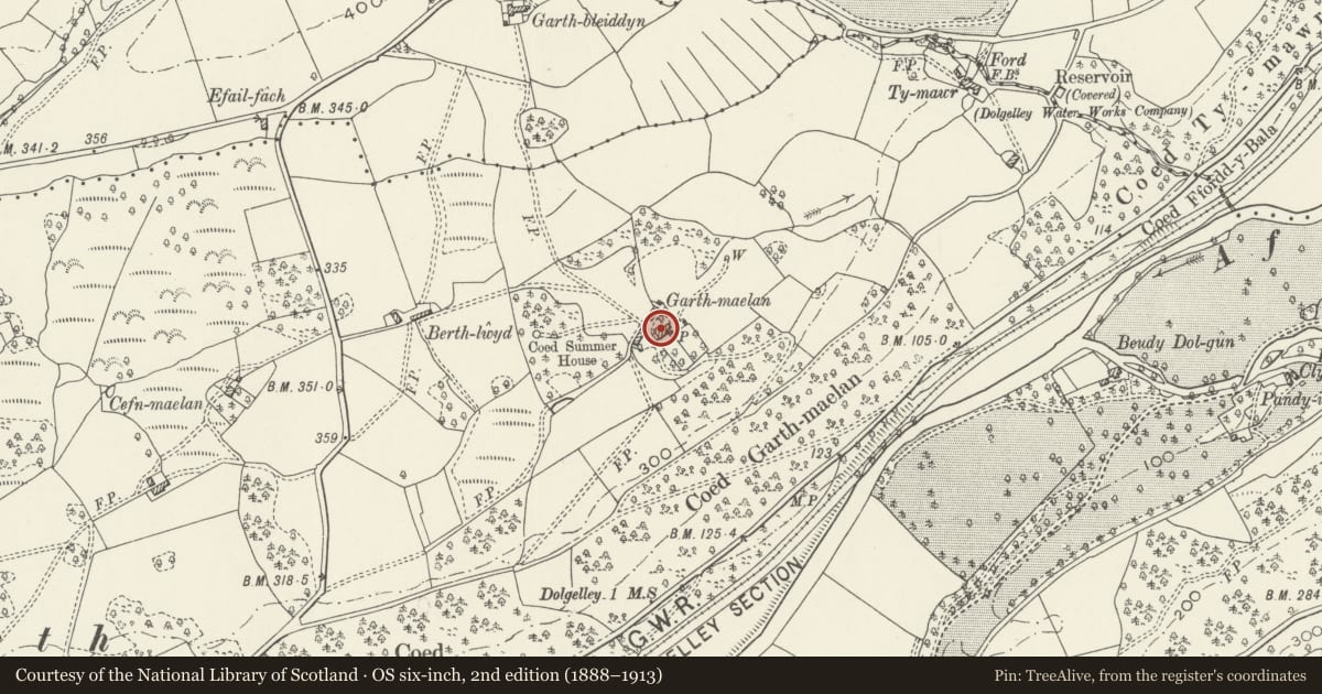 Ordnance Survey six-inch map, 2nd edition (1888–1913) covering the location of Garth Maelan, Dolgellau, Gwynedd, with a pin at the register's coordinates