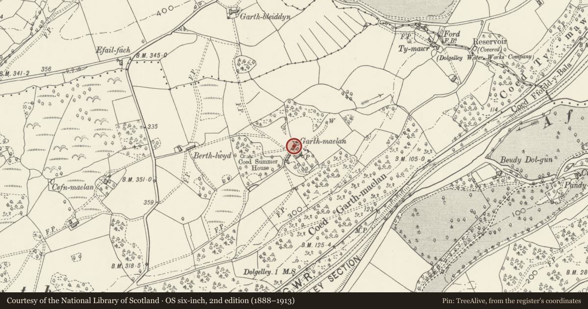 Ordnance Survey six-inch map, 2nd edition (1888–1913) covering the location of Barn at Garth Maelan, Dolgellau, Gwynedd, with a pin at the register's coordinates