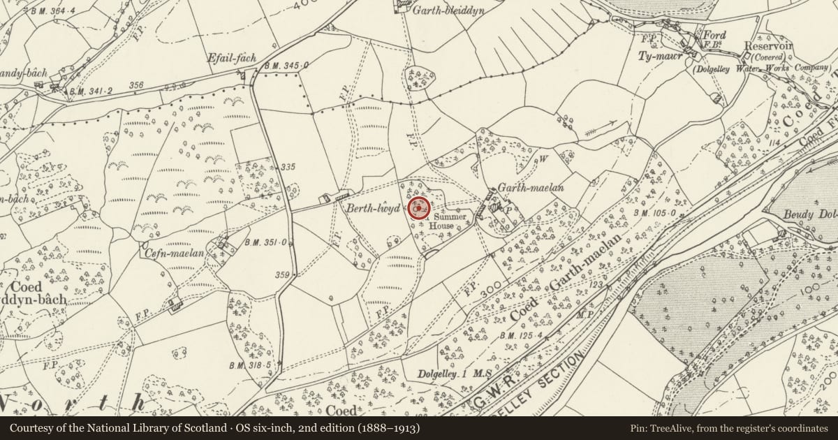 Ordnance Survey six-inch map, 2nd edition (1888–1913) covering the location of Summerhouse at Garth Maelan, Dolgellau, Gwynedd, with a pin at the register's coordinates