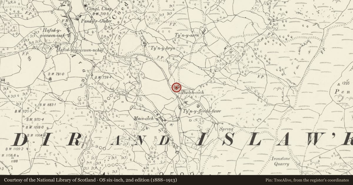 Ordnance Survey six-inch map, 2nd edition (1888–1913) covering the location of Bwlch Coch Farmhouse, Dolgellau, Gwynedd, with a pin at the register's coordinates