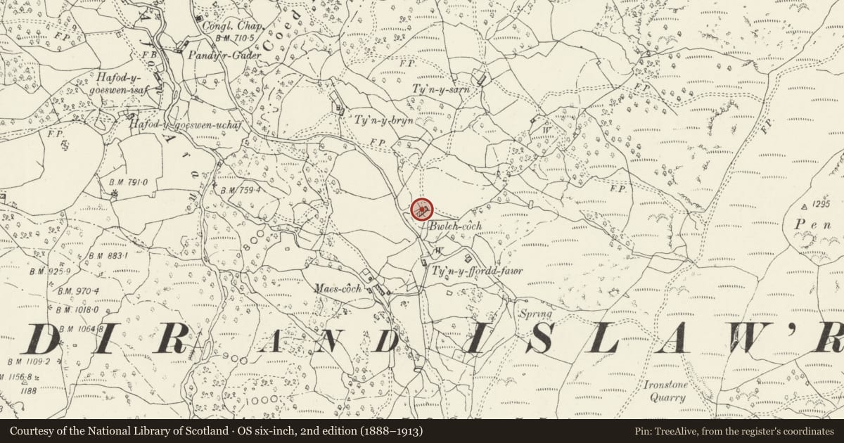 Ordnance Survey six-inch map, 2nd edition (1888–1913) covering the location of Stable at Bwlch Coch Farm, Dolgellau, Gwynedd, with a pin at the register's coordinates