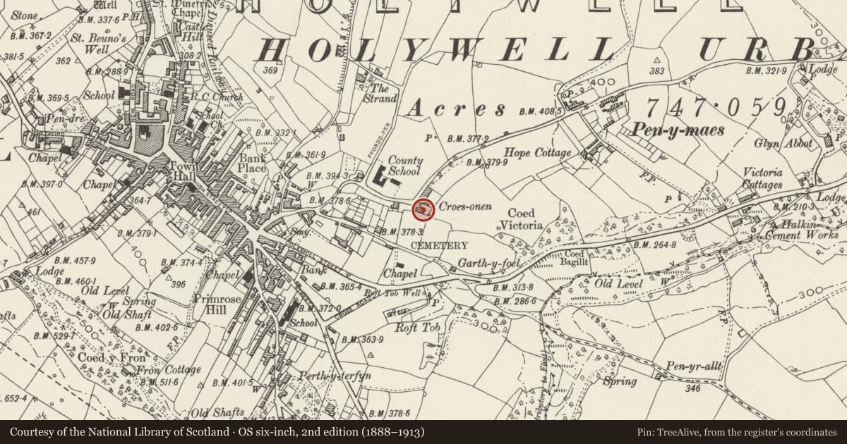 Ordnance Survey six-inch map, 2nd edition (1888–1913) covering the location of Groed Onen Windmill, Holywell, Flintshire, with a pin at the register's coordinates