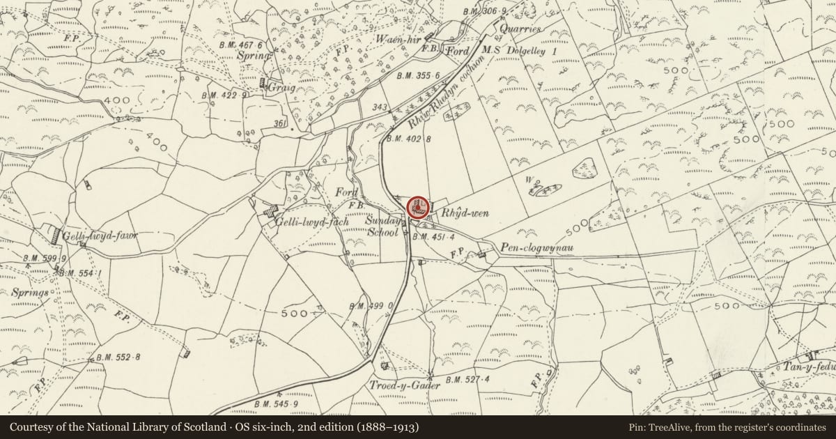 Ordnance Survey six-inch map, 2nd edition (1888–1913) covering the location of Rhydwen Farmhouse, Dolgellau, Gwynedd, with a pin at the register's coordinates
