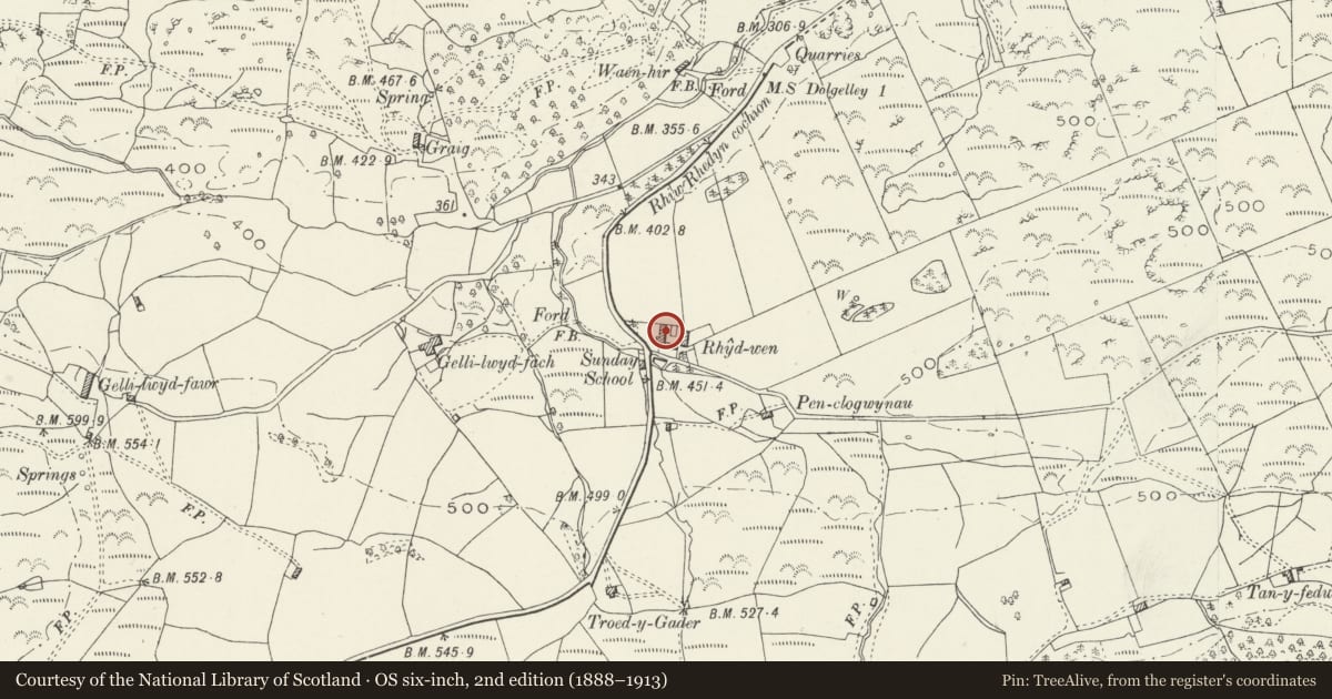 Ordnance Survey six-inch map, 2nd edition (1888–1913) covering the location of Stable to North of Rhydwen Farmhouse, Dolgellau, Gwynedd, with a pin at the register's coordinates