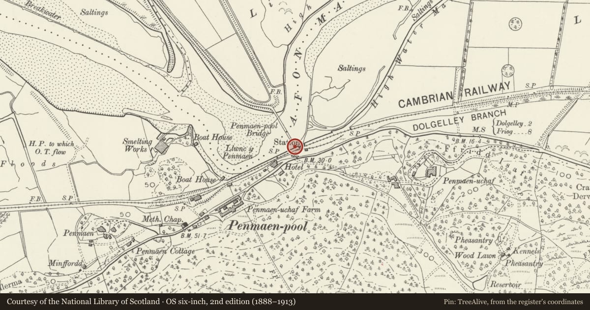 Ordnance Survey six-inch map, 2nd edition (1888–1913) covering the location of Toll Booth at Penamenpool Bridge, Dolgellau, Gwynedd, with a pin at the register's coordinates