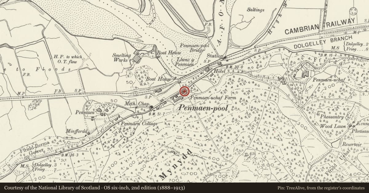 Ordnance Survey six-inch map, 2nd edition (1888–1913) covering the location of Penamen Ucha Farm, Model Farmyard, Dolgellau, Gwynedd, with a pin at the register's coordinates