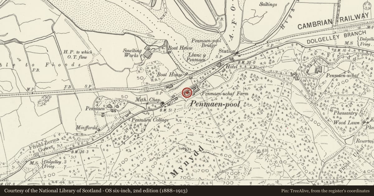 Ordnance Survey six-inch map, 2nd edition (1888–1913) covering the location of Penamen Ucha Farm, Model Farmyard, Dolgellau, Gwynedd, with a pin at the register's coordinates
