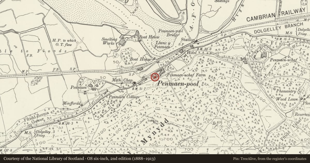 Ordnance Survey six-inch map, 2nd edition (1888–1913) covering the location of Penamen Ucha Farm, Model Farmyard, Dolgellau, Gwynedd, with a pin at the register's coordinates