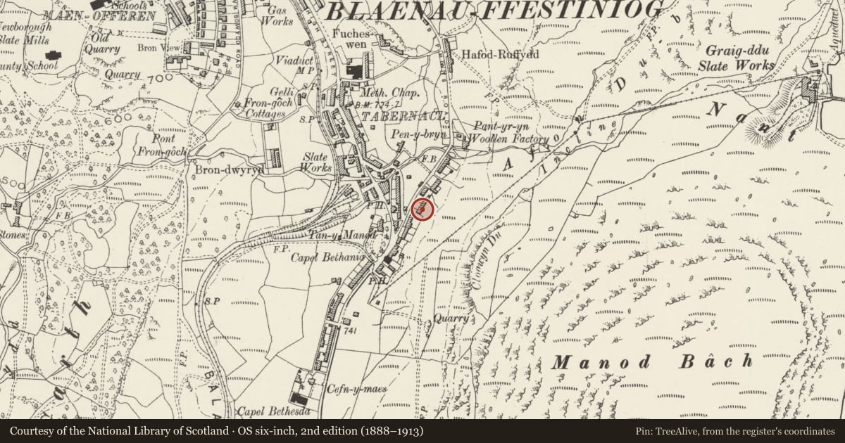 Ordnance Survey six-inch map, 2nd edition (1888–1913) covering the location of 1 Uwchllaw'rffynnon Terrace, Ffestiniog, Gwynedd, with a pin at the register's coordinates