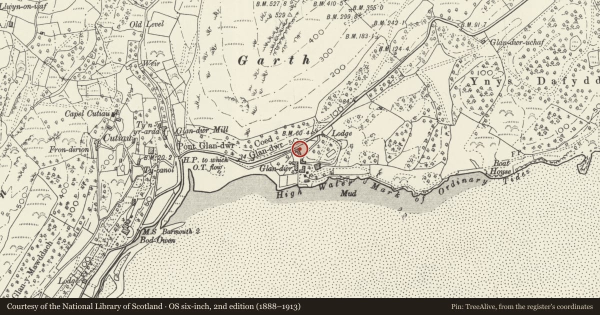 Ordnance Survey six-inch map, 2nd edition (1888–1913) covering the location of Former Cowhouse and hay-barn at Glandwr, Barmouth, Gwynedd, with a pin at the register's coordinates