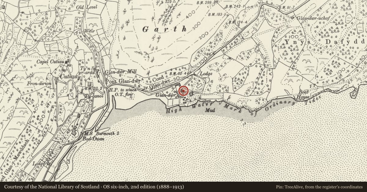 Ordnance Survey six-inch map, 2nd edition (1888–1913) covering the location of L-shaped Cottage and Former Dairy at Glandwr, Barmouth, Gwynedd, with a pin at the register's coordinates