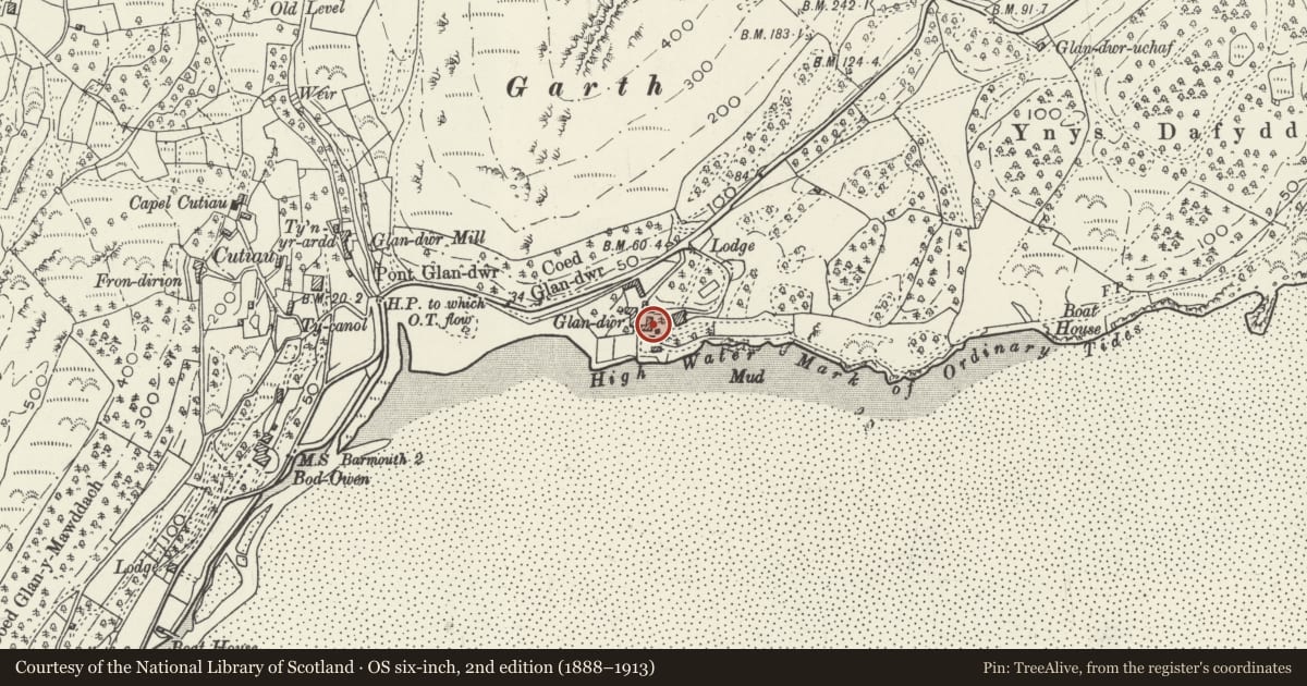 Ordnance Survey six-inch map, 2nd edition (1888–1913) covering the location of Former Barn Range at Glandwr, Barmouth, Gwynedd, with a pin at the register's coordinates
