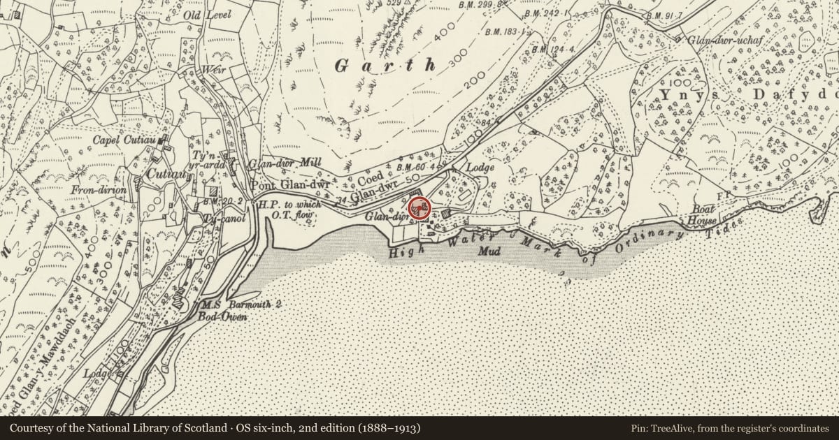 Ordnance Survey six-inch map, 2nd edition (1888–1913) covering the location of Former Stable Range at Glandwr, Barmouth, Gwynedd, with a pin at the register's coordinates