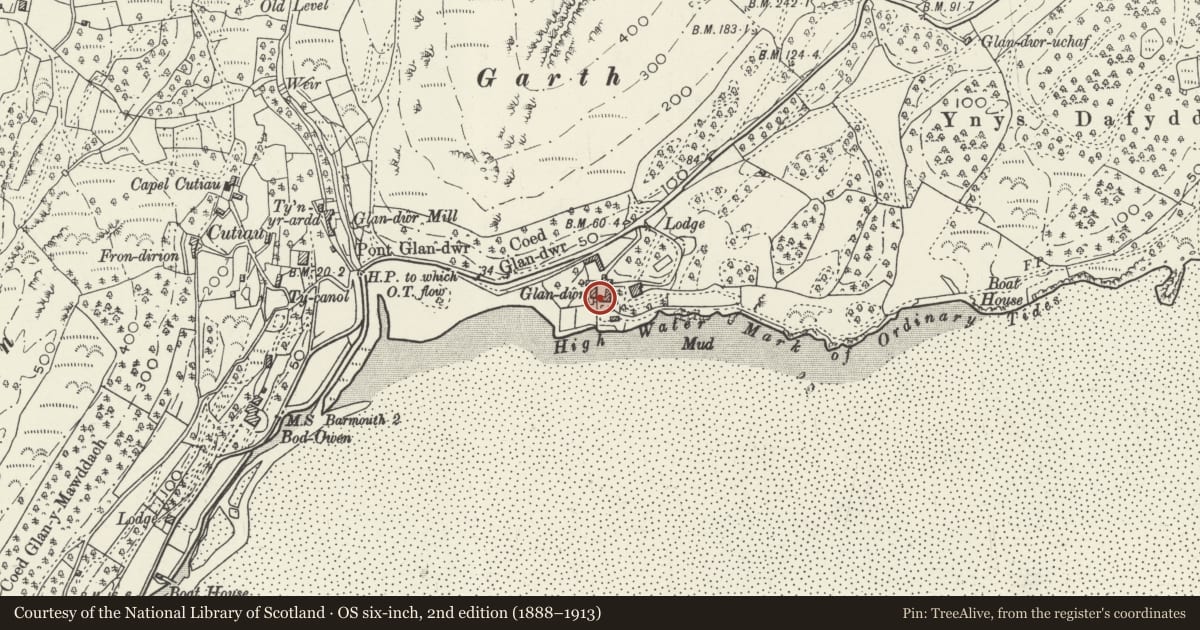 Ordnance Survey six-inch map, 2nd edition (1888–1913) covering the location of Haybarn at SW end of Yard at Glandwr, Barmouth, Gwynedd, with a pin at the register's coordinates