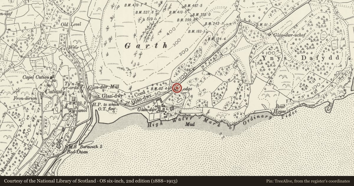 Ordnance Survey six-inch map, 2nd edition (1888–1913) covering the location of Lodge at Glandwr, Barmouth, Gwynedd, with a pin at the register's coordinates