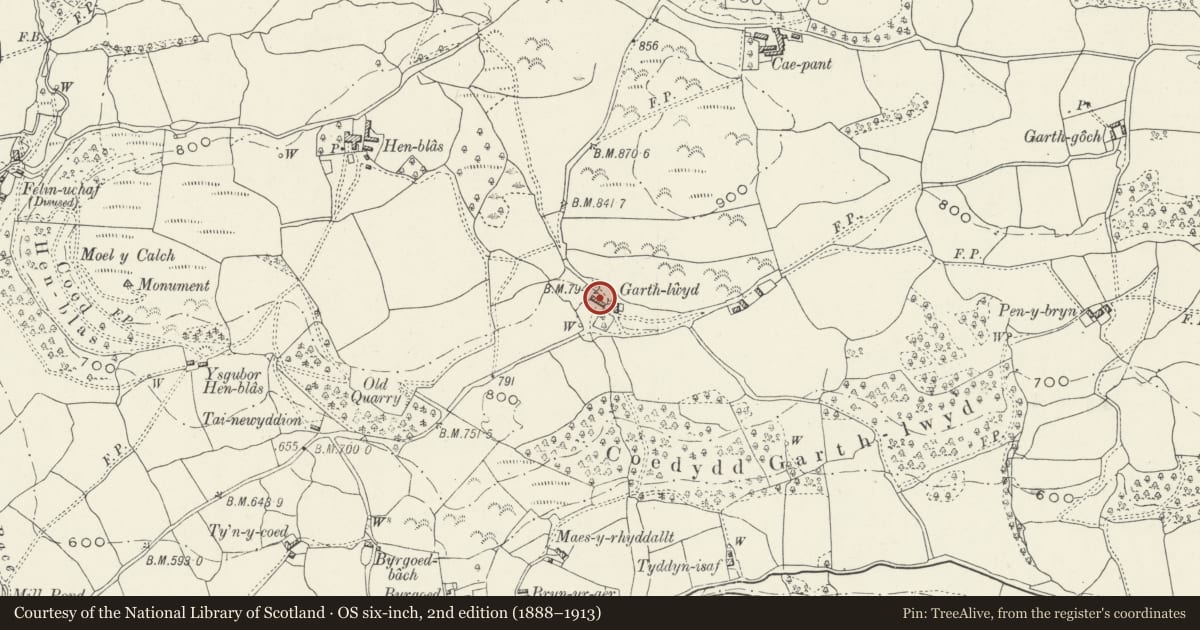 Ordnance Survey six-inch map, 2nd edition (1888–1913) covering the location of Garth-lwyd, Llandderfel, Gwynedd, with a pin at the register's coordinates