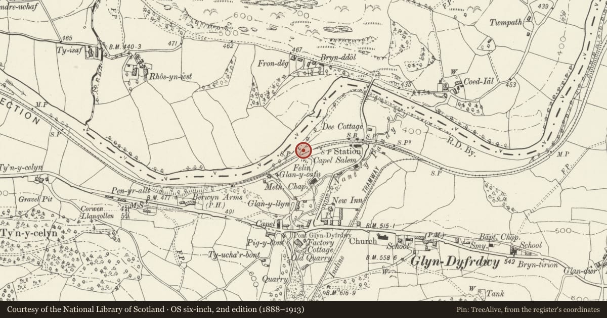 Ordnance Survey six-inch map, 2nd edition (1888–1913) covering the location of Glyndyfrdwy West Signal Box (former Barmouth South Signal Box), Corwen, Denbighshire, with a pin at the register's coordinates