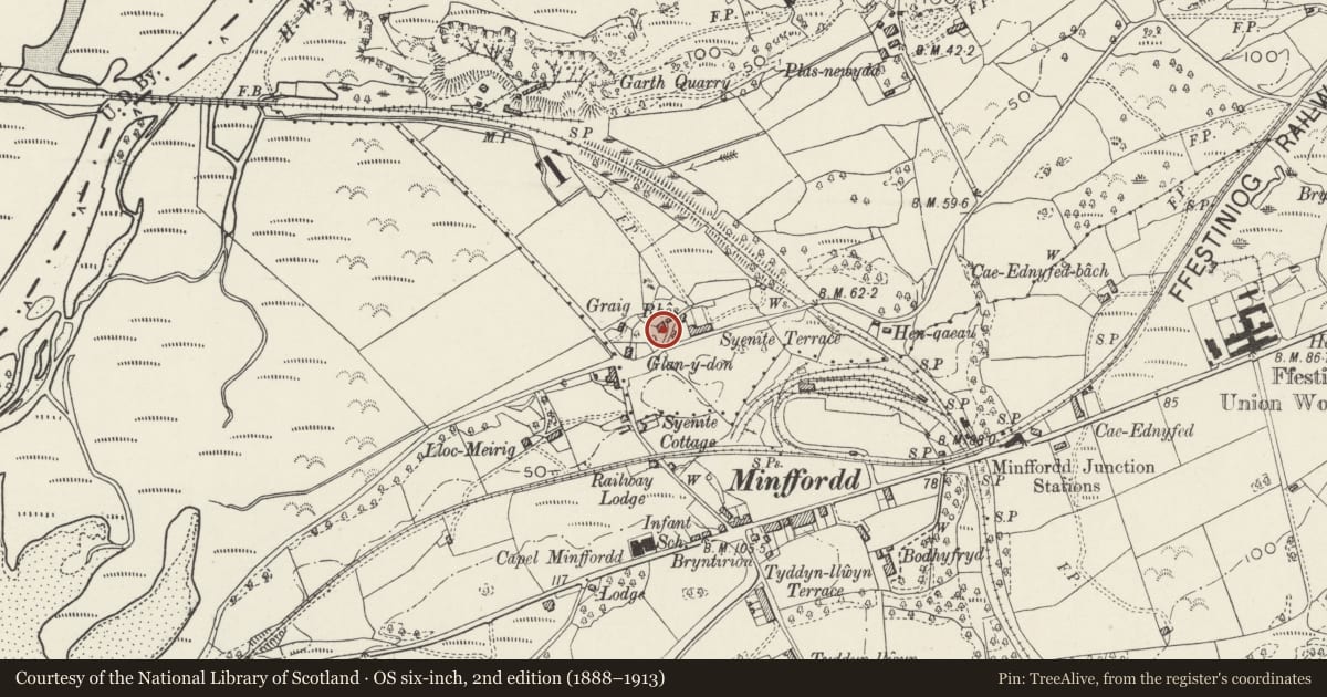 Ordnance Survey six-inch map, 2nd edition (1888–1913) covering the location of Rhos House, Penrhyndeudraeth, Gwynedd, with a pin at the register's coordinates