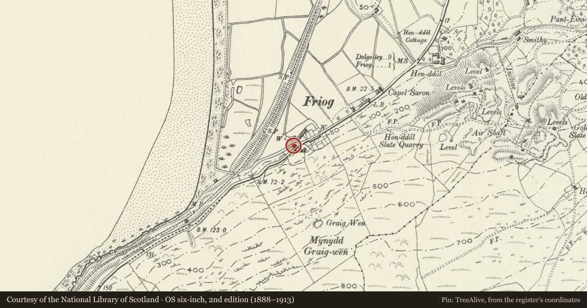 Ordnance Survey six-inch map, 2nd edition (1888–1913) covering the location of Old Toll House, Arthog, Gwynedd, with a pin at the register's coordinates