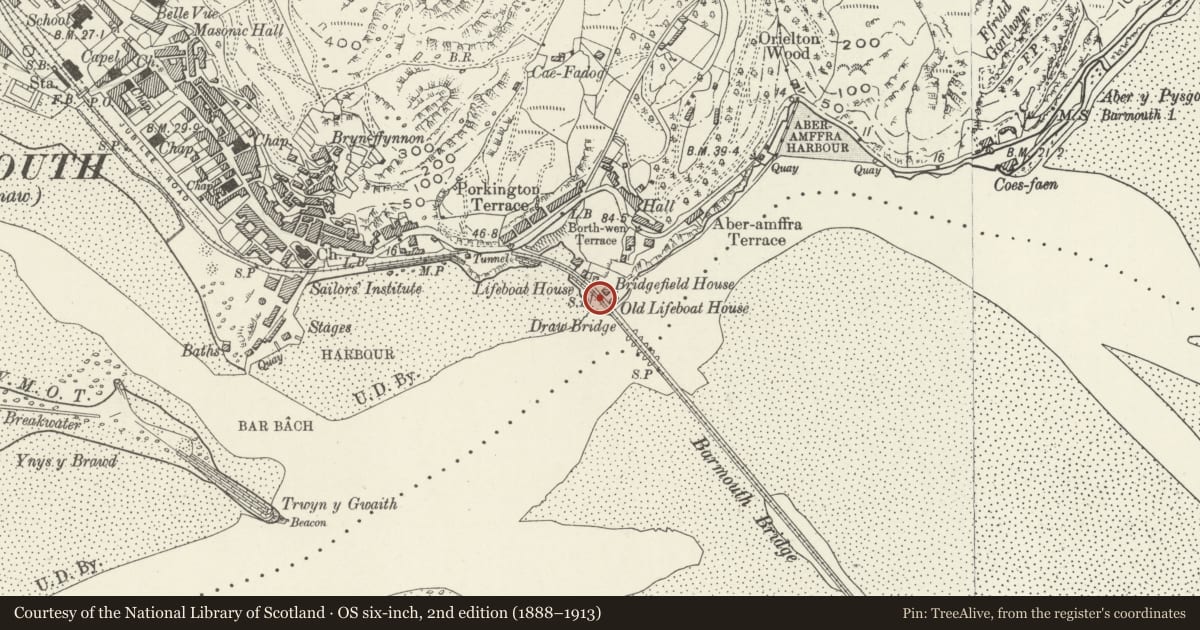 Ordnance Survey six-inch map, 2nd edition (1888–1913) covering the location of Barmouth Railway Bridge (partly in Arthog Community), Gwynedd, with a pin at the register's coordinates