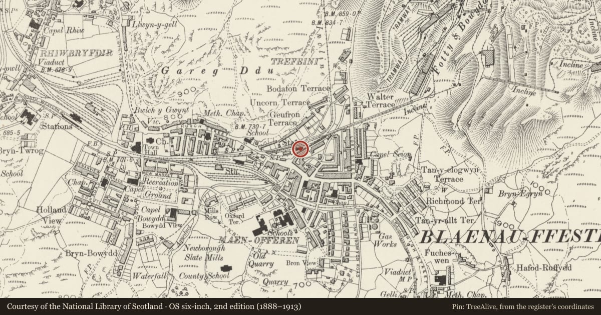 Ordnance Survey six-inch map, 2nd edition (1888–1913) covering the location of Former Diffwys Railway Station (now public toilets), Ffestiniog, Gwynedd, with a pin at the register's coordinates