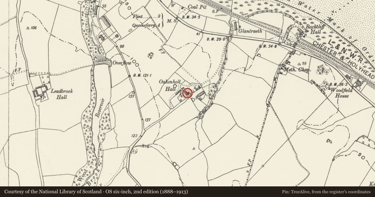 Ordnance Survey six-inch map, 2nd edition (1888–1913) covering the location of Oakenholt Farmhouse, Flint, Flintshire, with a pin at the register's coordinates