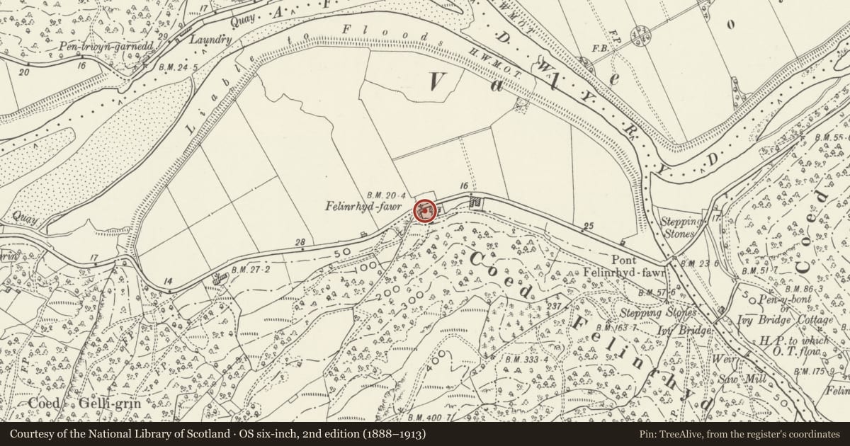 Ordnance Survey six-inch map, 2nd edition (1888–1913) covering the location of Stables at Felinrhyd-fawr, Talsarnau, Gwynedd, with a pin at the register's coordinates
