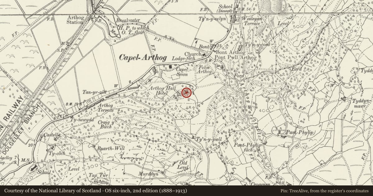 Ordnance Survey six-inch map, 2nd edition (1888–1913) covering the location of Arthog Hall, Gwynedd, with a pin at the register's coordinates