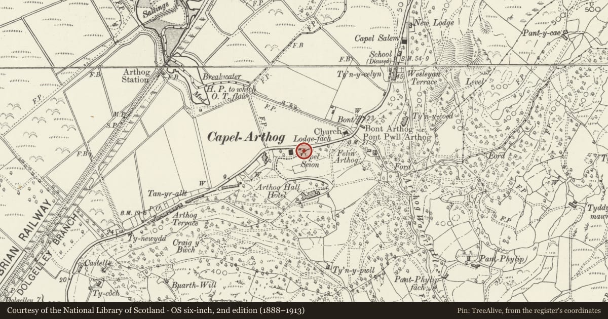 Ordnance Survey six-inch map, 2nd edition (1888–1913) covering the location of Efallon (also known as Lodge Fach), Arthog, Gwynedd, with a pin at the register's coordinates