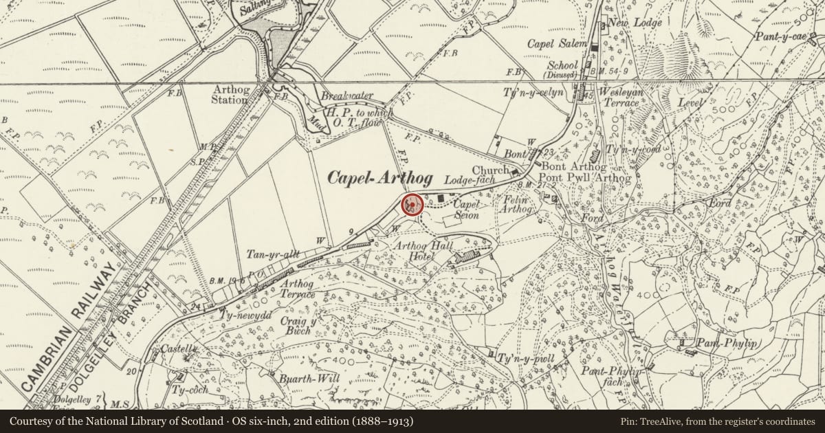 Ordnance Survey six-inch map, 2nd edition (1888–1913) covering the location of Glan-y-Wern (including attached Coach-House and Stables), Arthog, Gwynedd, with a pin at the register's coordinates