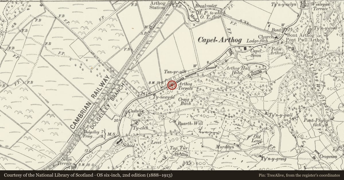 Ordnance Survey six-inch map, 2nd edition (1888–1913) covering the location of 12 Arthog Terrace, Gwynedd, with a pin at the register's coordinates