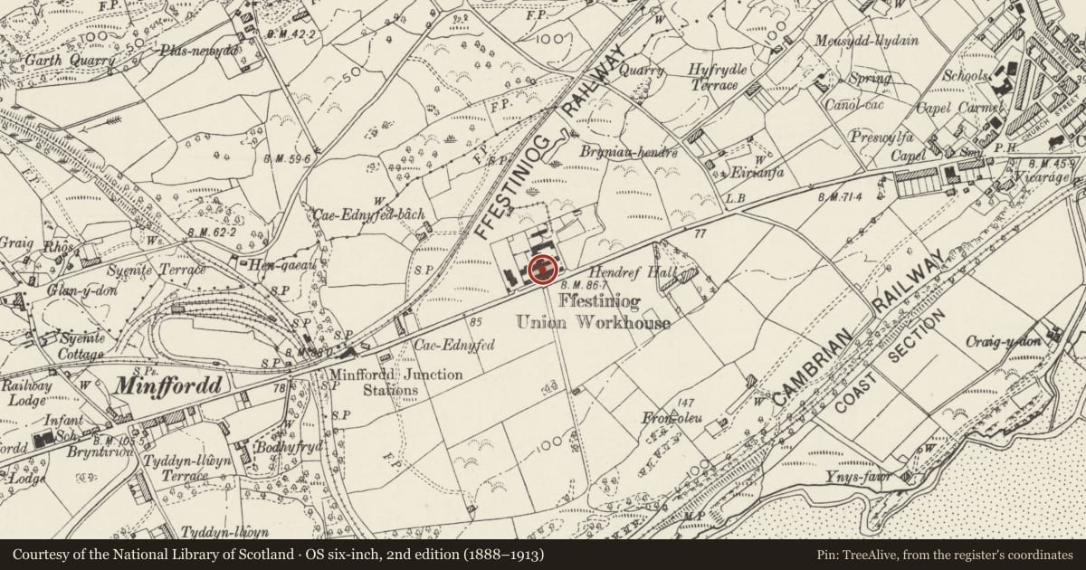 Ordnance Survey six-inch map, 2nd edition (1888–1913) covering the location of Bron-y-Garth Hospital, Penrhyndeudraeth, Gwynedd, with a pin at the register's coordinates