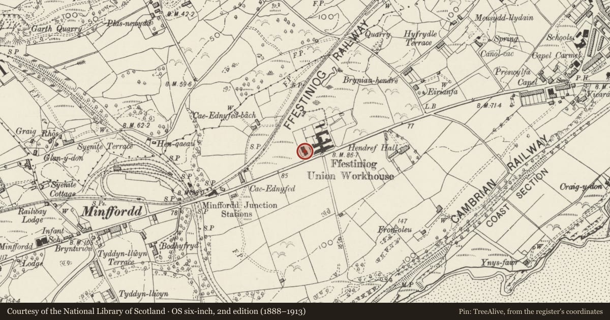 Ordnance Survey six-inch map, 2nd edition (1888–1913) covering the location of Casual Ward at Bron-y-Garth Hospital, Penrhyndeudraeth, Gwynedd, with a pin at the register's coordinates