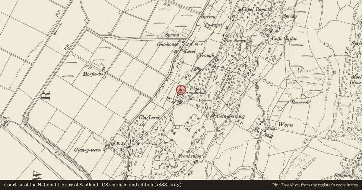 Ordnance Survey six-inch map, 2nd edition (1888–1913) covering the location of Plas Brondanw Cottages, Llanfrothen, Gwynedd, with a pin at the register's coordinates