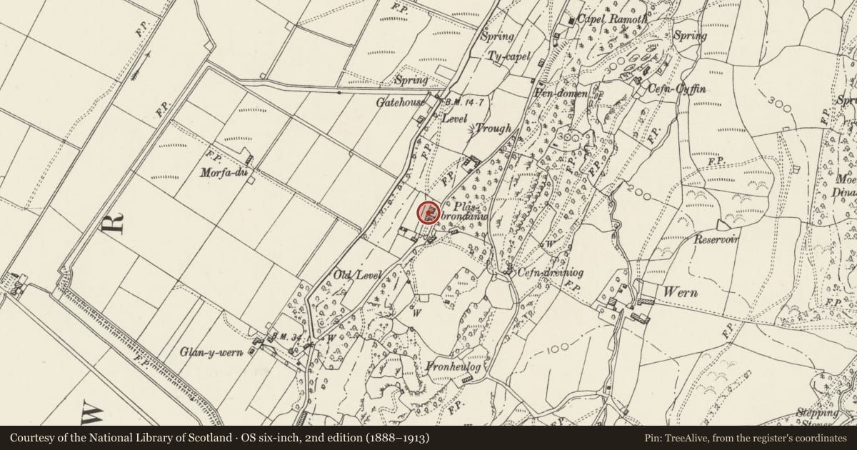Ordnance Survey six-inch map, 2nd edition (1888–1913) covering the location of Gatepiers and Overthrow linking Plas Brondanw with Brondanw Cottages, Llanfrothen, Gwynedd, with a pin at the register's coordinates