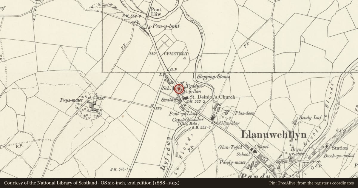 Ordnance Survey six-inch map, 2nd edition (1888–1913) covering the location of Hen Dy'r Ysgol, Llanuwchllyn, Gwynedd, with a pin at the register's coordinates