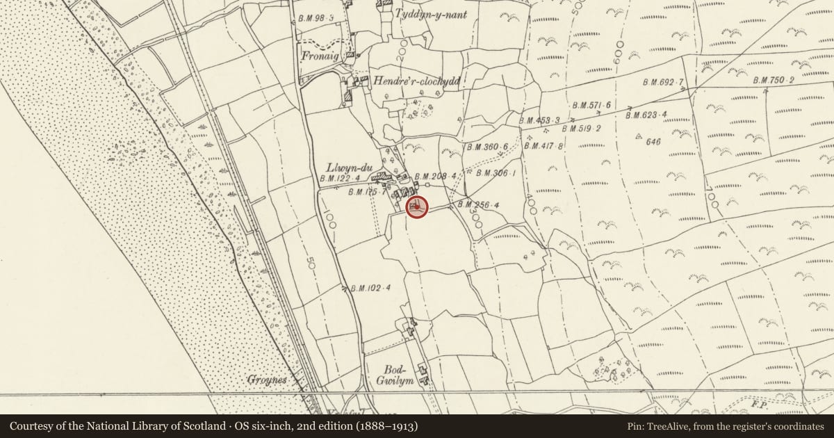 Ordnance Survey six-inch map, 2nd edition (1888–1913) covering the location of Former Cowhouse at Llwyndu, Barmouth, Gwynedd, with a pin at the register's coordinates