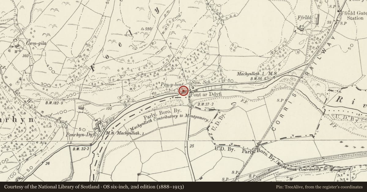 Ordnance Survey six-inch map, 2nd edition (1888–1913) covering the location of Pen-y-bont Cottages, Corris, Gwynedd, with a pin at the register's coordinates