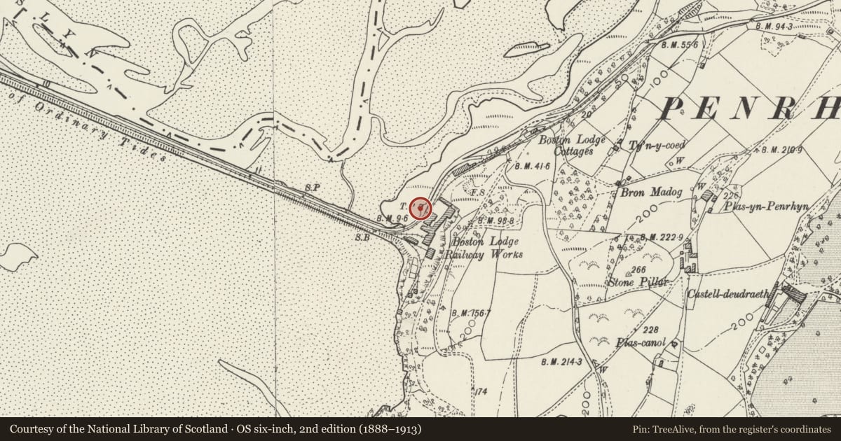 Ordnance Survey six-inch map, 2nd edition (1888–1913) covering the location of Toll House at the E End of The Cob (Also Known as The Rebecca Tollgate), Penrhyndeudraeth, Gwynedd, with a pin at the register's coordinates