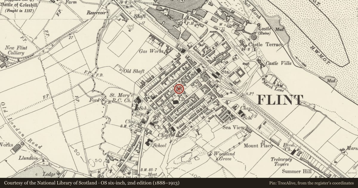 Ordnance Survey six-inch map, 2nd edition (1888–1913) covering the location of 34, Flint, Flintshire, with a pin at the register's coordinates