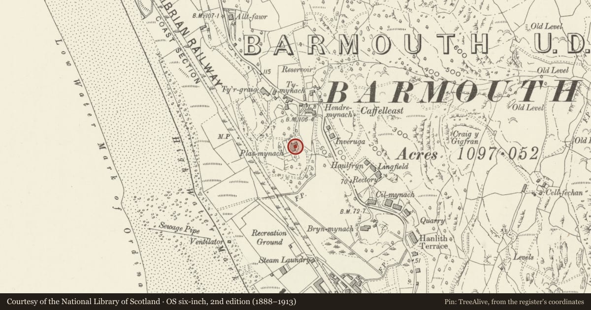 Ordnance Survey six-inch map, 2nd edition (1888–1913) covering the location of Plas Mynach, Barmouth, Gwynedd, with a pin at the register's coordinates