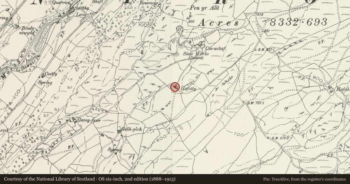 Ordnance Survey six-inch map, 2nd edition (1888–1913) covering the location of Hafodty, Llanfrothen, Gwynedd, with a pin at the register's coordinates