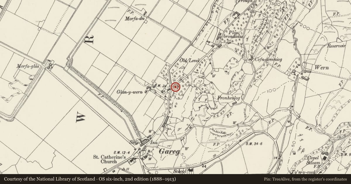 Ordnance Survey six-inch map, 2nd edition (1888–1913) covering the location of The New Lodge, Llanfrothen, Gwynedd, with a pin at the register's coordinates